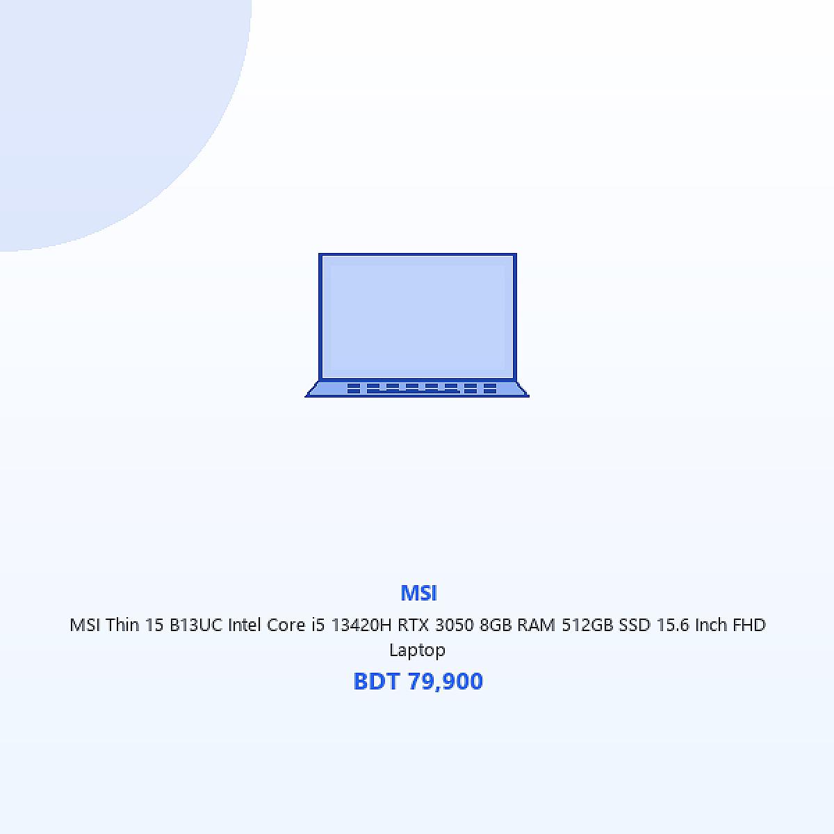 MSI Thin 15 B13UC Intel Core i5 13420H RTX 3050 8GB RAM 512GB SSD 15.6 Inch FHD Laptop